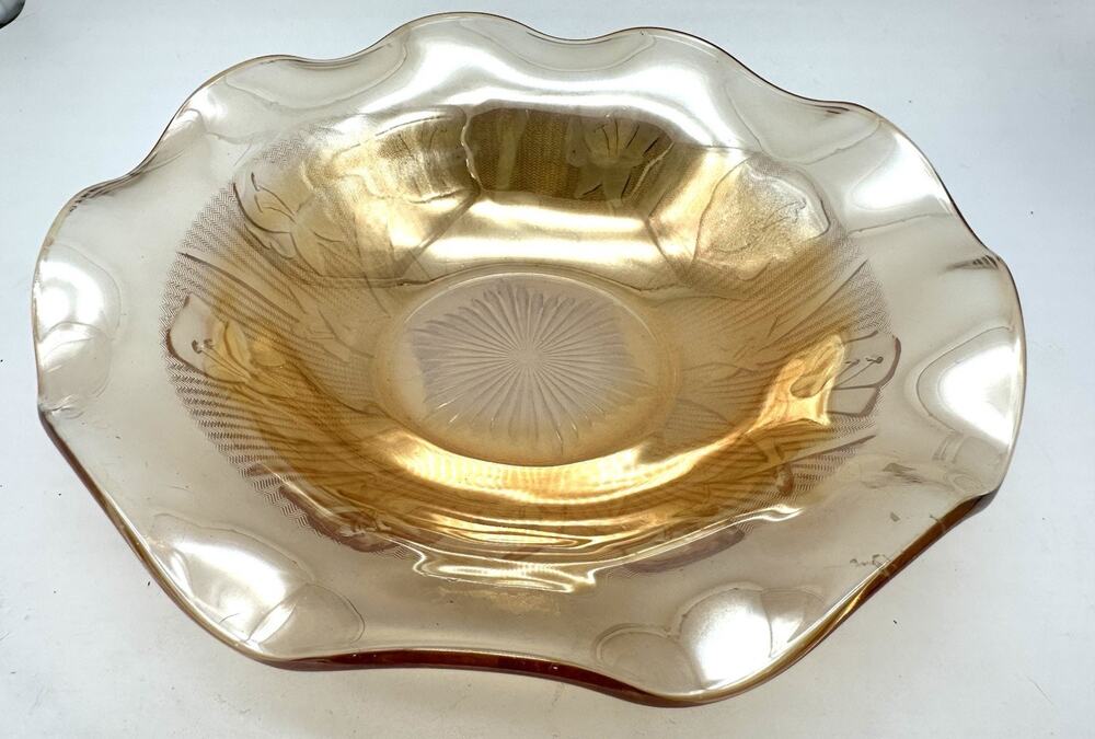 Vintage Jeannette Marigold Iridescent Glass Iris & Herringbone Large Fruit Bowl